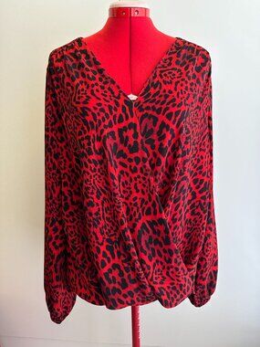INC (L) Red Cheetah Animal Print Surplice Top Drape Loose International Concepts